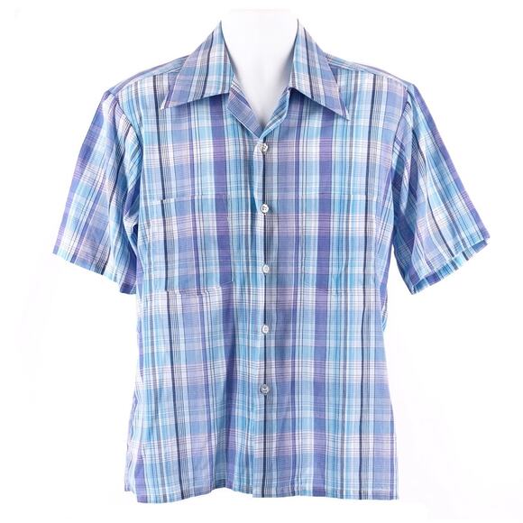 70s pointy dagger collar plaid short sleeve button up shirt - Picture 1 of 4